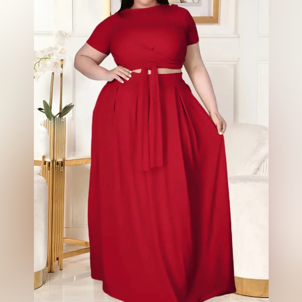Plus Size Women's Plus Plain Short Sleeve Crop Top Side Knot & Maxi Skirt - Picture 3 of 13